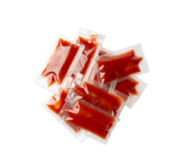 Ketchup in Square Plastic Bag Isolated, One-Time Portion of Tomato Sauce, Transparent Catsup Sachet