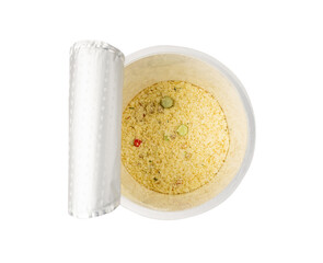 Instant Mashed Potato Powder Isolated, Potato Puree Flakes in a Plastic Cup, White Vegetable Flour