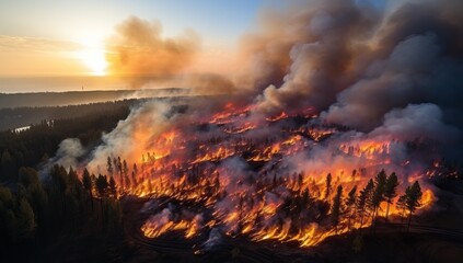 Fototapeta na wymiar Forest fire. Burning dry grass and trees in the field. Aerial view
