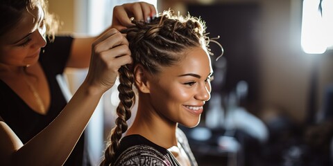 Portrait of beautiful young woman getting her hair braided in a beauty salon - obrazy, fototapety, plakaty