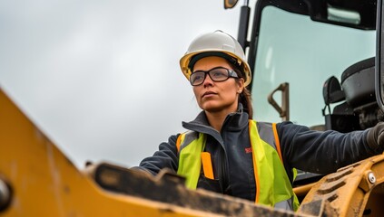 a female construction worker wearing safety helmet and reflective vest driving a bulldozer - obrazy, fototapety, plakaty