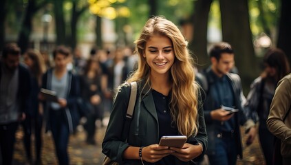 young woman using her smart phone in a city street.