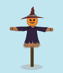 Pumpkin scarecrow illustration isolated in blue background.