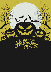Happy Halloween text, lettering, banner or 
Happy Halloween background, cemetery, horror, 
dark, black with scary, pumpkins, jack o lanterns, 
vector, silhouette for Halloween party invitations, sale