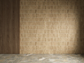 Interior with blank tile beige wall and wood panel. 3d render illustration mockup.