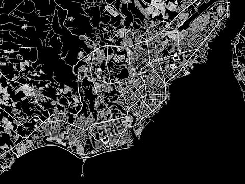 Vector road map of the city of  Davao in the Philippines with white roads on a black background.