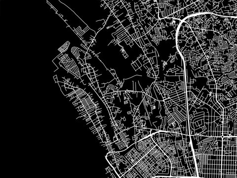Vector road map of the city of  Navotas in the Philippines with white roads on a black background.