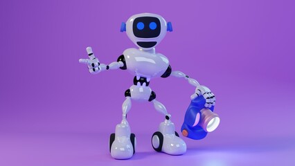 Cute cartoon 3d blue robot with glowing smiling face on the screen holding blue camera. 3d illustration highly usable. 3d robot character. Concept art. Copy space. 3d camera.