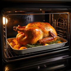 Turking roasting in an oven. A Thanksgiving and holiday cooking concept. Generative ai. 