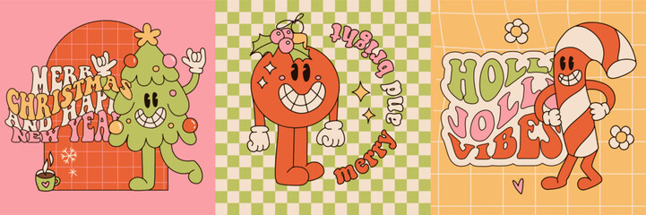 Retro Groovy Christmas greeting cards set with retro cartoon characters and quotes. Hippie mascots vintage banners. Holiday poster with comic faces. Contour hand drawn vector illustration