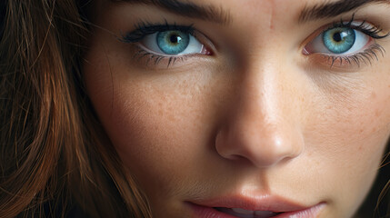 Fototapeta premium Close-up of woman's blue eyes, both irises visible.
