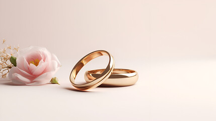 Wedding ring ads background. Wedding rings from red gold on light background, copy space. Gold wedding rings. Minimalistic rings for wedding, proposal. Saint Valentine Day rings. Wedding rings banner - obrazy, fototapety, plakaty