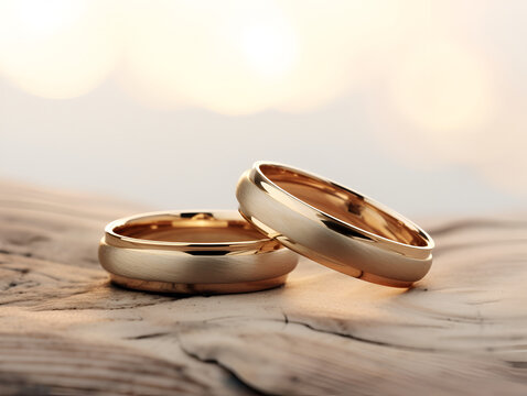 Wedding rings from gold on wood on light bokeh background. Gold wedding rings. Minimalistic rings for wedding, proposal. Saint Valentine Day rings. Ring photo for ads or catalog. Modern wedding rings