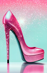 Sparkling high heel shoe on a pink and blue background. Barbie Style