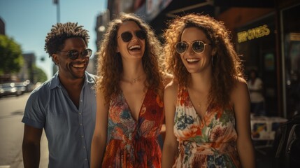 Three friends laughing with city background.