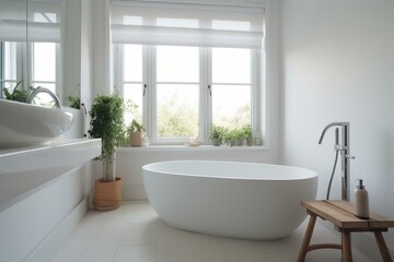 Fototapeta na wymiar Bright bathroom with window, bathtub, and tap. Generative AI