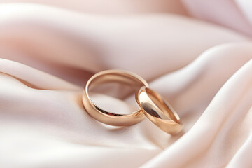 Wedding rings from red gold on satin fabric in sunshine. Gold wedding rings. Minimalistic rings for wedding, proposal. Saint Valentine Day rings. Ring photo for ads or catalog. Simple wedding rings