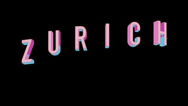 Bright letters jump merrily in the inscription ZURICH city. Retro. Alpha channel black. Looped from frame 120 to 240, Alpha BW at the end