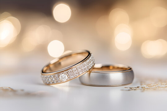 Wedding rings from gold and diamonds on light bokeh background. Gold wedding rings. Luxury rings for wedding, proposal. Saint Valentine Day rings. Ring photo for ads or catalog. Modern wedding rings