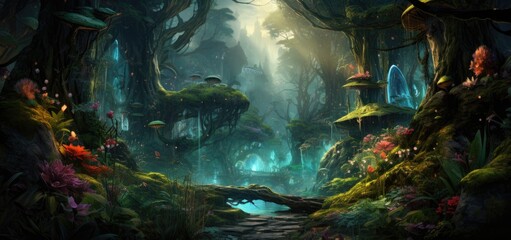 A lush and vibrant forest filled with a diverse array of trees and plants