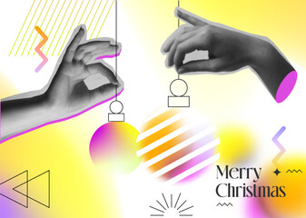 Human hand holding Christmas ball decor in halftone collage mix media design