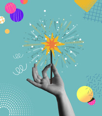 Human hand holding Christmas sparkler retro collage mixed media style vector illustration