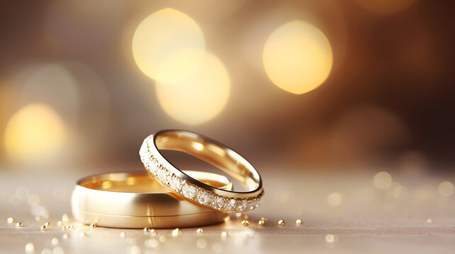 Wedding rings from red gold on light bokeh background. Gold wedding rings. Minimalistic rings for wedding, proposal. Saint Valentine Day rings. Ring photo for ads or catalog. Modern wedding rings