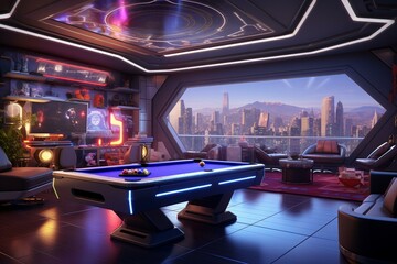 A modern games room with a high-tech gaming computer, futuristic design, and vibrant lighting. Generative AI