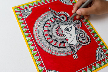 Handmade Painging of Hindu Goddess Durga. Madhubani or Mithila art design. Happy Navratri or Durga...
