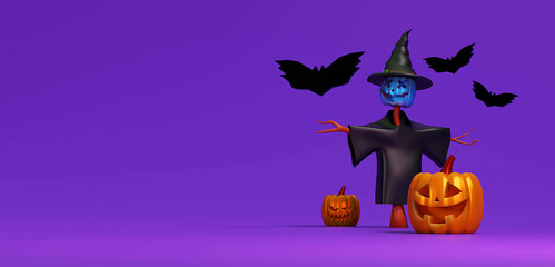 Happy Halloween background. Holiday Halloween poster, web banner, greeting card, cover for party invitation. Bright realistic 3d for template design. Scarecrow. Space for text. 