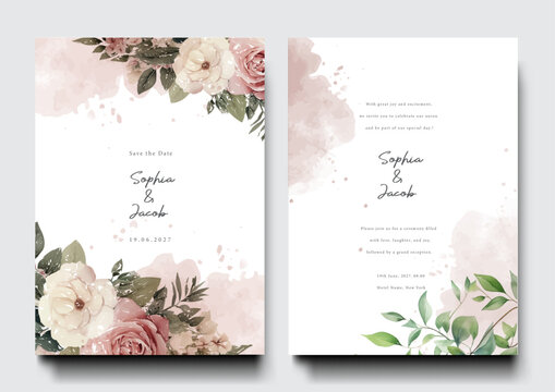 Luxury wedding invitation card background with nude rose flower and botanical leaves, Organic shapes, Watercolor.