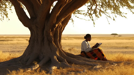 African woman reads a book and studies lessons under a tree in the savannah at sunset