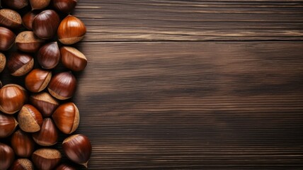 Obraz premium Organic Chestnut Nuts Photorealistic Horizontal Background. Nutritious Vegetarian Protein Snack. Ai Generated Background with Delicious Tasty Chestnut Nuts On Wooden Countertop with Copy Space.