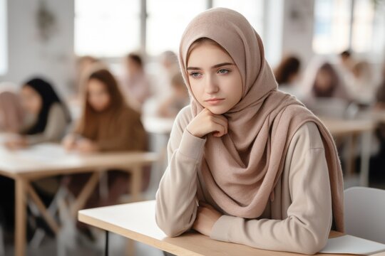Muslim female student feeling sad, classroom background. Generative AI.