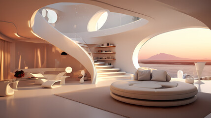 Futuristic Penthouse Living Space with Comfortable Couch