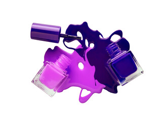Nail polish purple stain splash with brush white isolated background