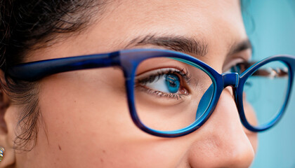 detalle de los ojos de una mujer joven de ojos azules con gafas.
