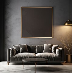 Black modern dark living room interior, poster frame, luxury, mock up 3d render