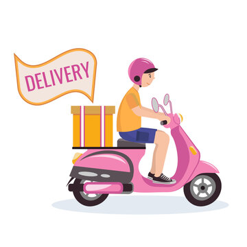 Online delivery service , online order tracking, delivery home and office. Pink scooter delivery. Man on the bike.
