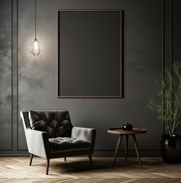 Black modern dark living room interior, poster frame, luxury, mock up 3d render