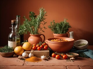 still life with spices, vegetables and fruits, italian food and cooking ingredients