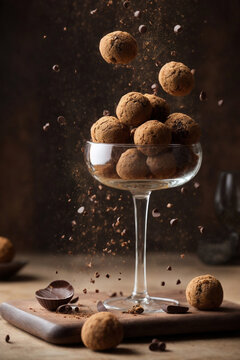 chocolate and nut truffels, closeup, artistic food photography