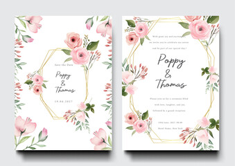 Fototapeta na wymiar Watercolor blush pink wedding invitation card template set with roses floral decoration. Clear background save the date vactor.