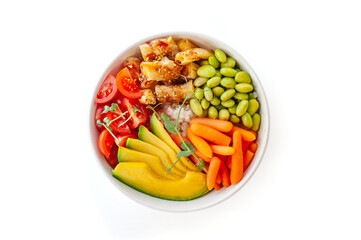 Vegetarian poke bowl with salmon isolated on white background. Top view.