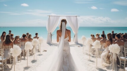 Bride whirls on sand beach near decorated wedding arch with flowers. Tropical summer wedding - obrazy, fototapety, plakaty