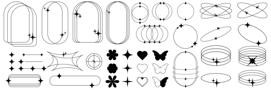 Minimalistic linear elements arched frames, star, heart, flower for poster designs, web design, social networks.Modern vector illustration on transparent background.