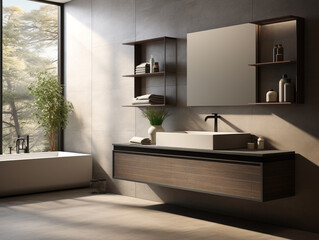 Beautiful design and luxury washbasin in the modern bathroom. The design integrated together with the built-in cabinet