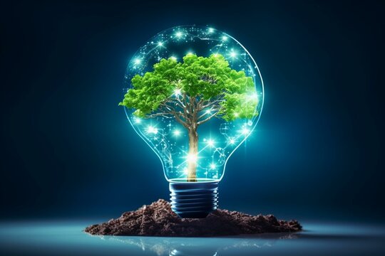 Tree with soil on light bulb. Digital and technology convergence. Blue light and network background. Green computing, technology, ethics concept. Generative AI