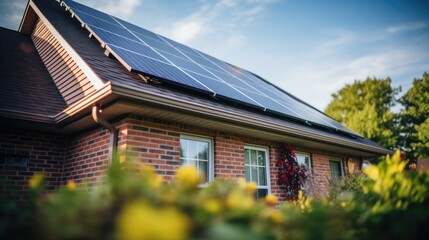 Fototapeta premium Solar photovoltaic panels on house roof. Solar cell against blue sky and sunlight. Modern eco friendly passive house.