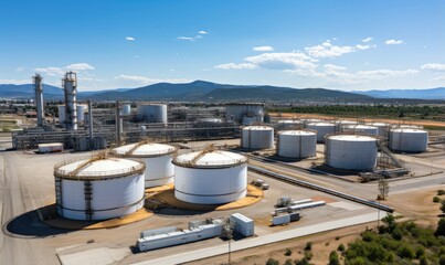 Fototapeta na wymiar Modern industrial plant. Big oil tanks in refinery base. Storage of chemical products like oil, petrol, gas. Aerial view of petrol industrial zone.